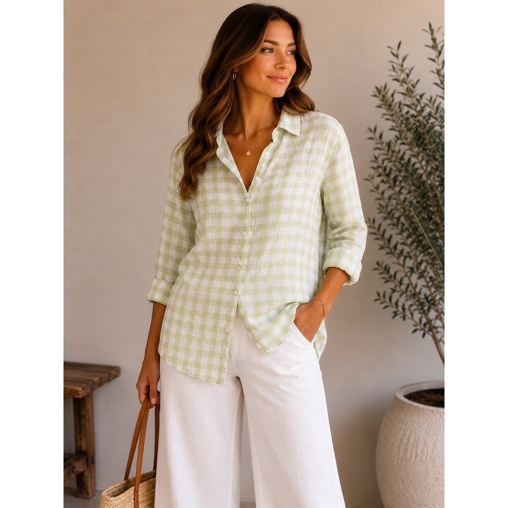 Free People Gingham‎ Button Down Shirt Lime Green White Cotton OB1258436 Size M